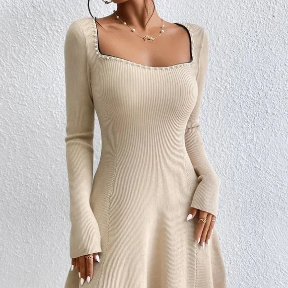 Apricot Preppy Womens Sweetheart Neck Ribbed Knit Sweater Dress - Picture 5 of 5